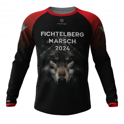 Laufshirt Fichtelbergmarsch 2024 rot langarm von pimpyourgym mit Wolf-Design (Vorderseite)